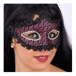 MASQUE LOUP DENTELLE NOIR/ROSE STRASS CONTOUR DES YEUX