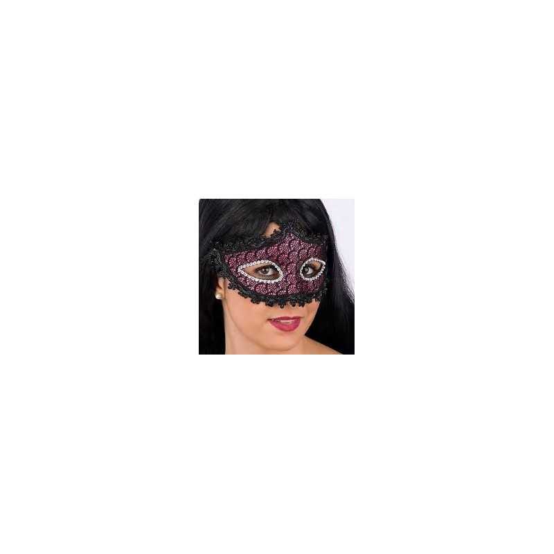 MASQUE LOUP DENTELLE NOIR/ROSE STRASS CONTOUR DES YEUX