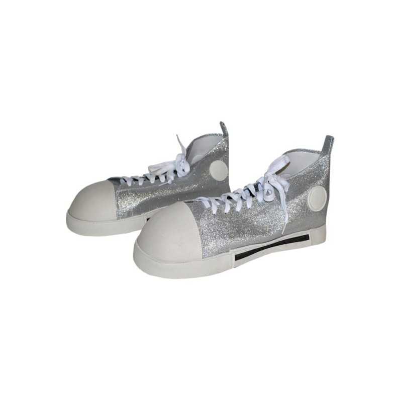 CHAUSSURES OU BASKETS DE CLOWN GLITTER PAILLETTES ARGENT ADULTE