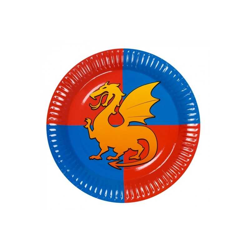 6 ASSIETTES CHEVALIERS ECUSSON BLEU ET ROUGE ET DRAGON 23 CM