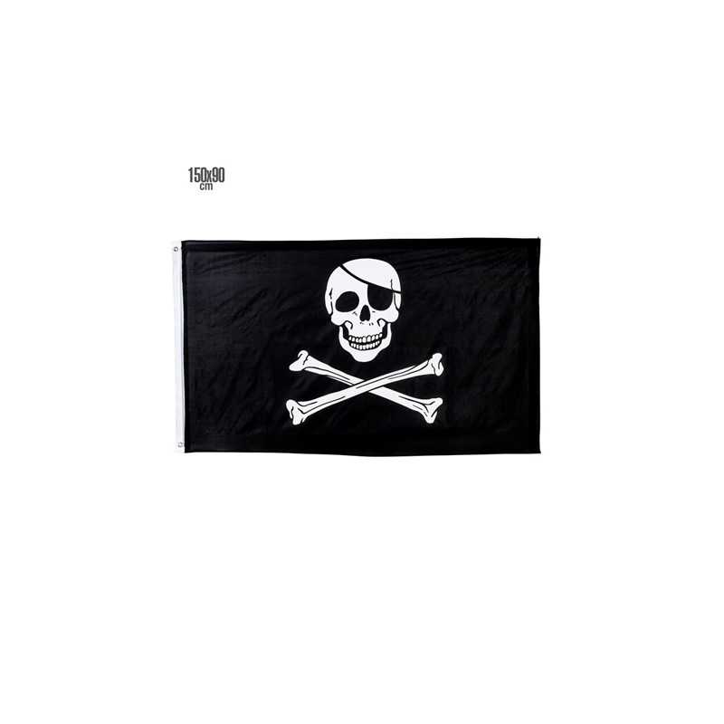 DRAPEAU DE PIRATE EN TISSU TETE DE MORT NOIR ET BLANC 90 X 150 CM 