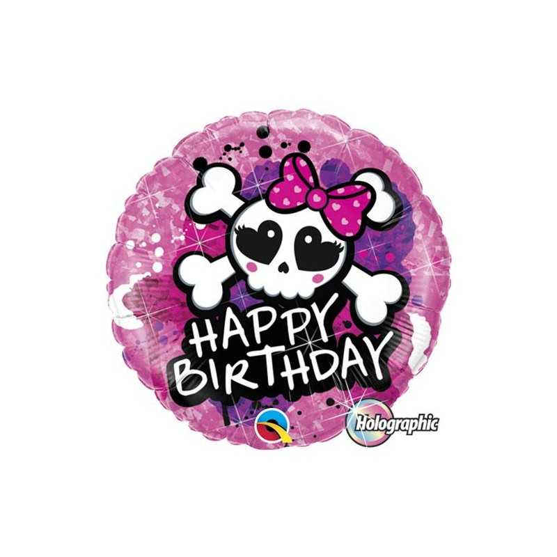 BALLON METALLIQUE ROND PIRATE ROSE HAPPY BIRTHDAY 46 CM