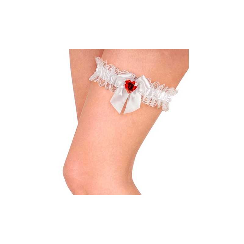 JARRETIERE DENTELLE BLANCHE NOEUD BLANC ET COEUR ROUGE