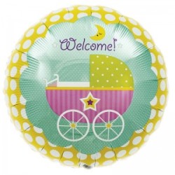 BALLON METALLIQUE ROND WELCOME BABY BUGGY 46CM