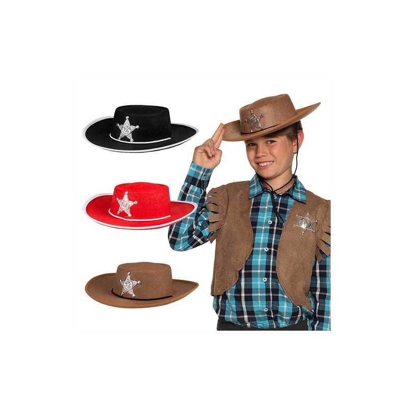 CHAPEAU COW BOY SHERIFF ENFANT COULEURS NOIR ROUGE OU MARRON