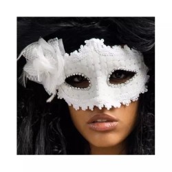 MASQUE LOUP VENITIEN BLANC AVEC FLEUR