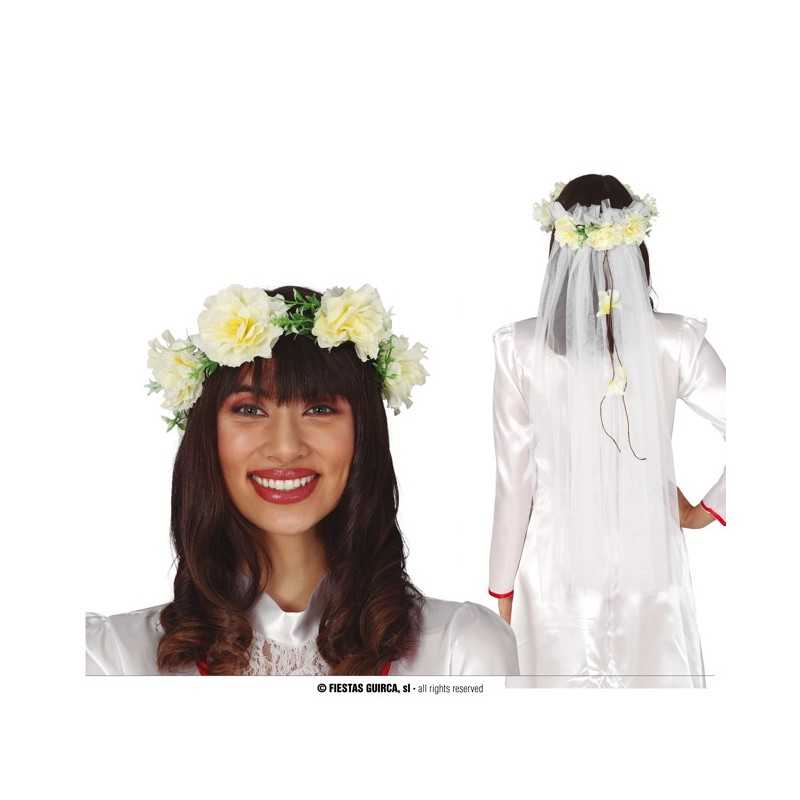 COURONNE OU TIARE FLEURS BLANCHES AVEC VOILE