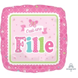 BALLON METALLIQUE CARRE C'EST UNE FILLE ROSE 43 CM