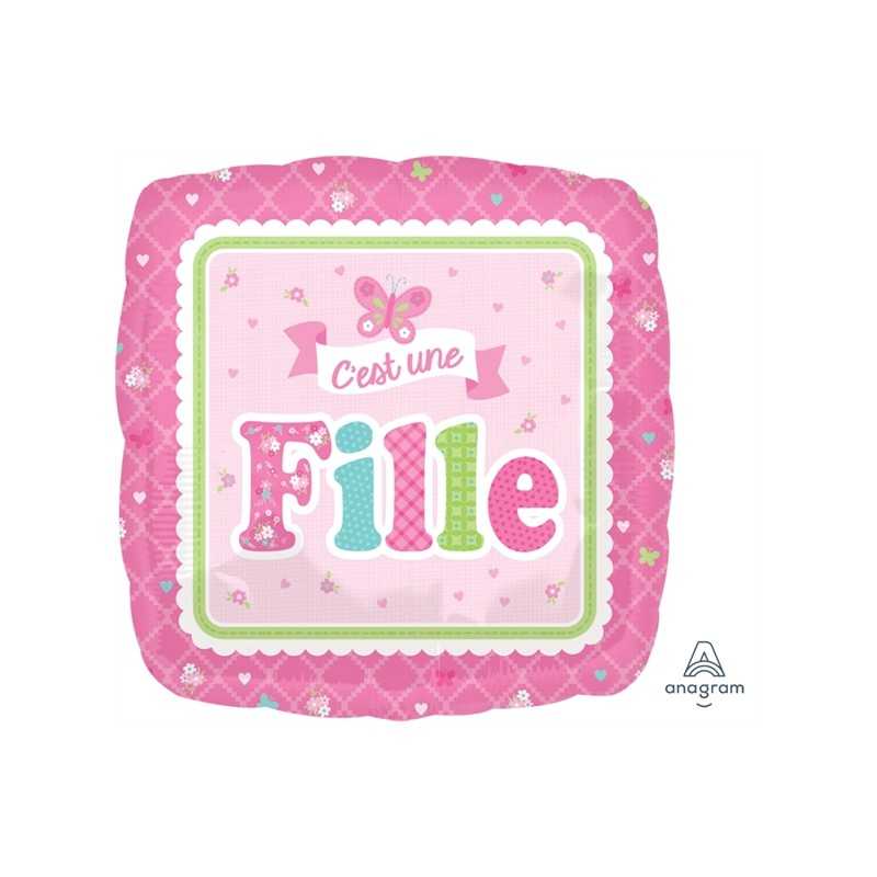 BALLON METALLIQUE CARRE C'EST UNE FILLE ROSE 43 CM