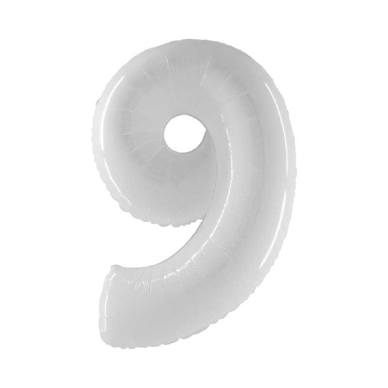 BALLON METALLIQUE CHIFFRE 9 100CM BLANC