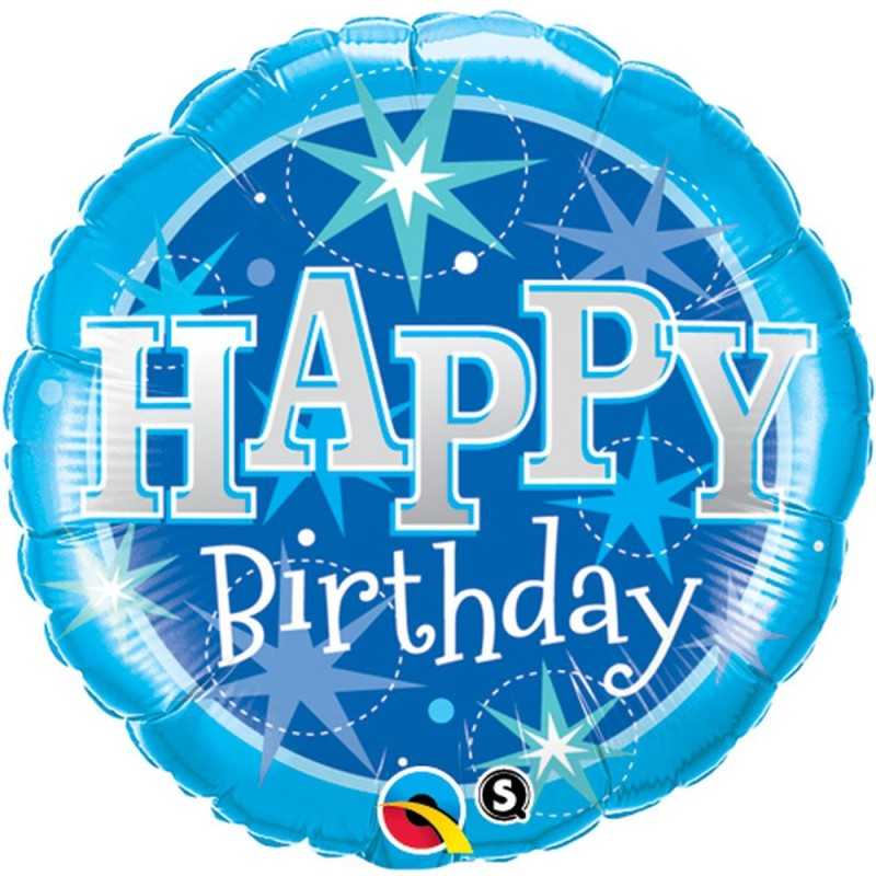 BALLON ROND METALLIQUE HAPPY BIRTHDAY BLEU ETOILES 46 CM