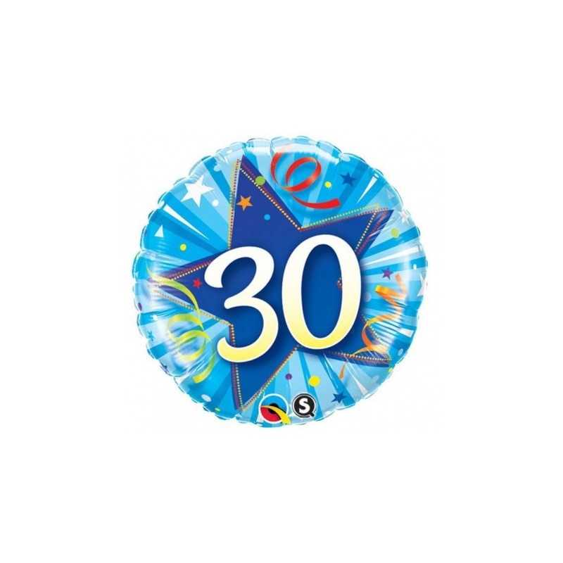 BALLON ROND METALLIQUE ANNIVERSAIRE CHIFFRE 30 BLEU 46 CM