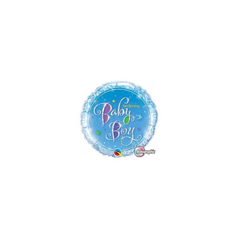 BALLON METALLIQUE ROND WELCOME BABY BOY BLEU 46CM