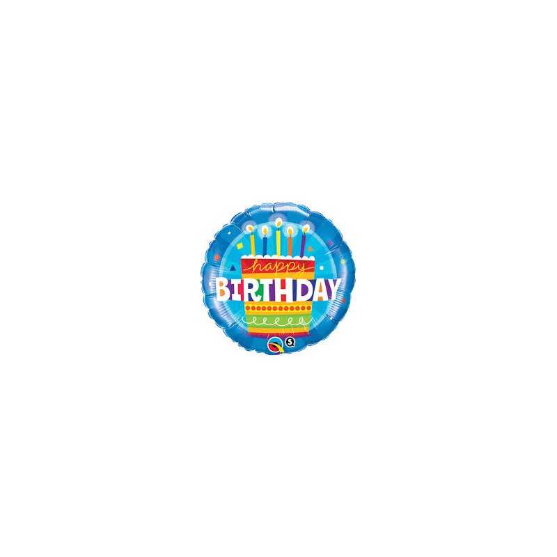 BALLON METALLIQUE ROND GATEAU HAPPY BIRTHDAY BLEU 46 CM