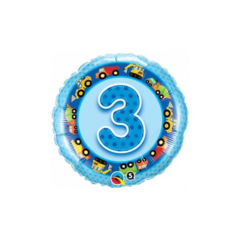 BALLON METALLIQUE ROND 3 ANS BLEU CAMION 46 CM
