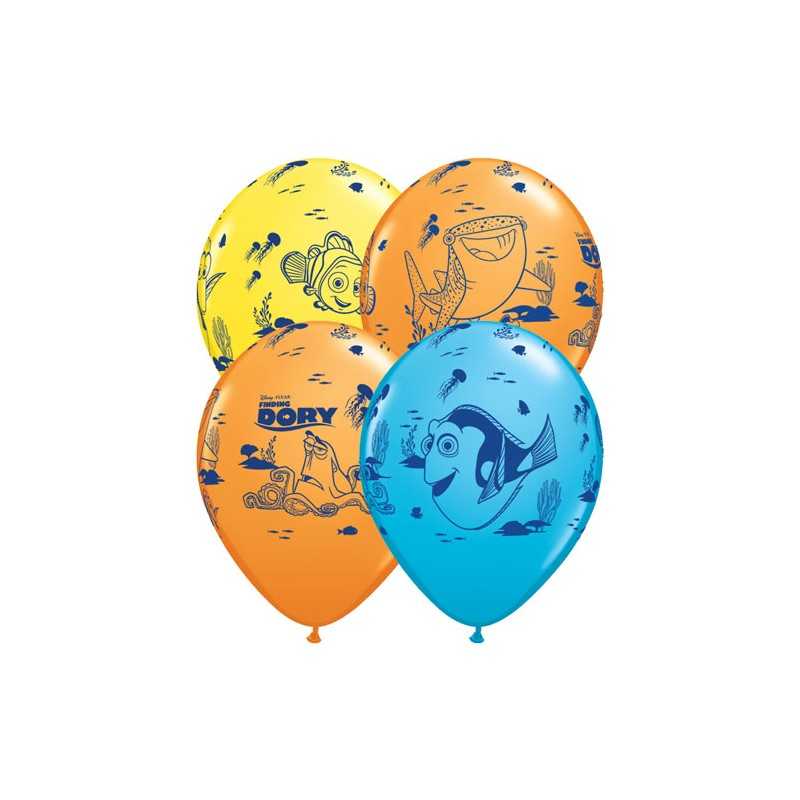 25 BALLONS QUALATEX IMPRIMES DORY ET NEMO JAUNE BLEU ORANGE ASSORTIS