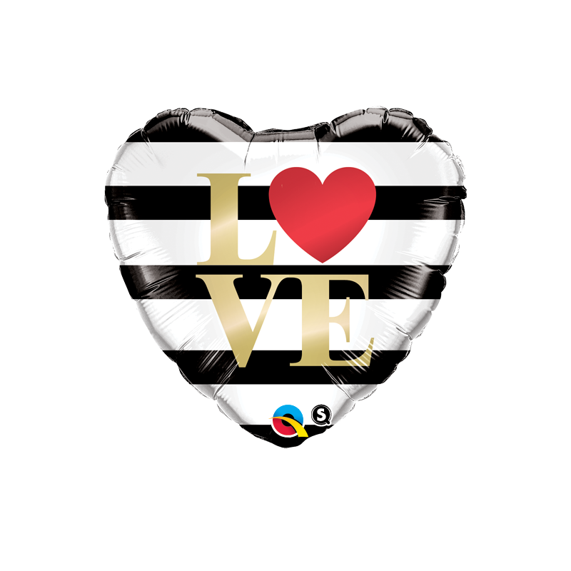 BALLON METALLIQUE COEUR NOIR RAYE BLANC LOVE 46 CM