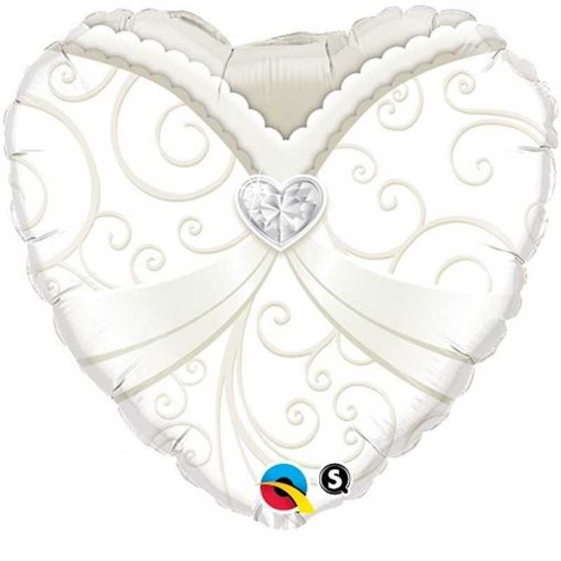 BALLON METALLIQUE COEUR BLANC ET ARGENT STRASS COEUR 46 CM