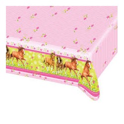 NAPPE PLASTIFIEE CHEVAL BRUN SUR FOND FUSCHIA ET ANIS 120 X 180 CM