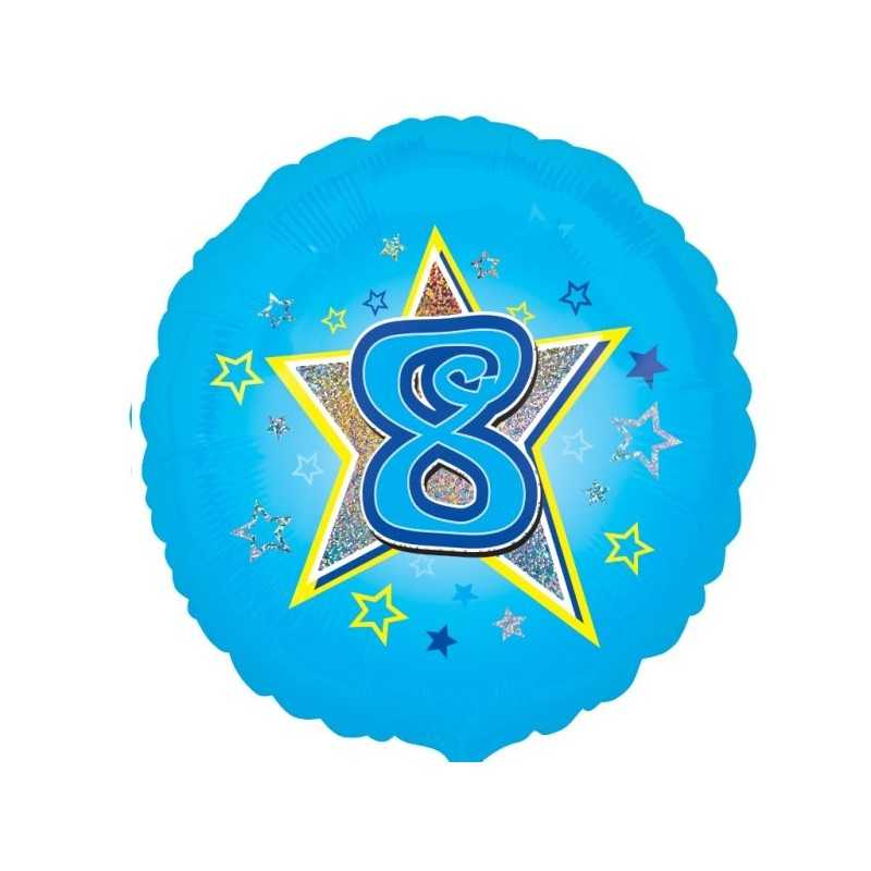 BALLON METALLIQUE CHIFFRE ROND 45 CM 8 SUR FOND BLEU
