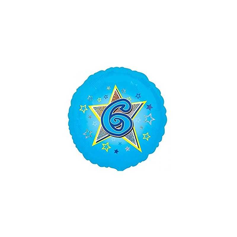 BALLON METALLIQUE CHIFFRE ROND 45 CM 6 SUR FOND BLEU