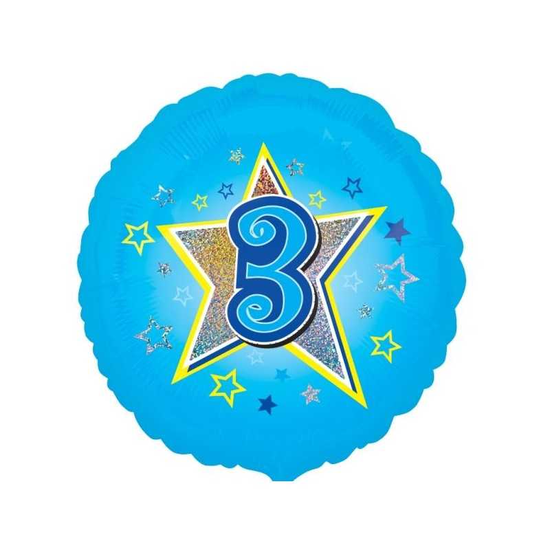 BALLON METALLIQUE CHIFFRE ROND 45 CM 3 SUR FOND BLEU