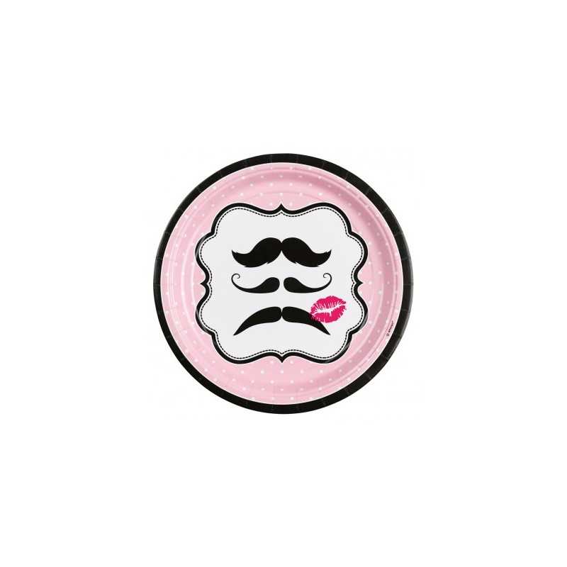 8 ASSIETTES MOUSTACHE SUR FOND ROSE 22,9 CM