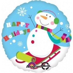 BALLON METALLIQUE ROND 43CM BONHOMME DE NEIGE EN LUGE
