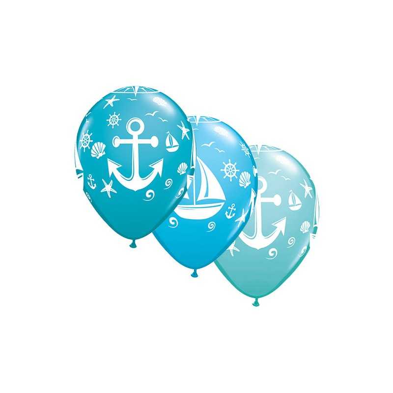 25 BALLONS QUALATEX ANCRES ET BATEAUX ASSORTIMENT BLEU