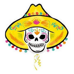 BALLON METALLIQUE TETE DE MORT CHAPEAU MEXICAIN