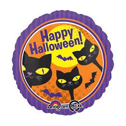 BALLON METALLIQUE ROND HAPPY HALLOWEEN CHATS 43 CM