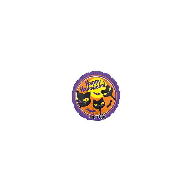 BALLON METALLIQUE ROND HAPPY HALLOWEEN CHATS 43 CM