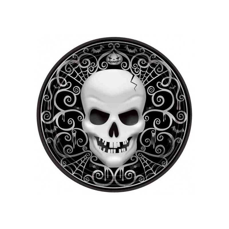 BALLON METALLIQUE ROND NOIR ARABESQUES TETE DE MORT 43 CM