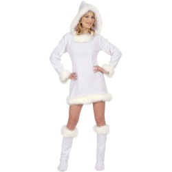 DEGUISEMENT ROBE A CAPUCHE BLANCHE BORDURE FOURRURE ESQUIMAU TAILLE S