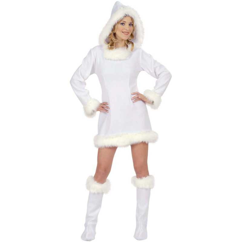 DEGUISEMENT ROBE A CAPUCHE BLANCHE BORDURE FOURRURE ESQUIMAU TAILLE S
