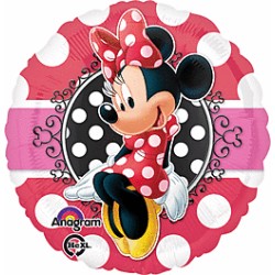 BALLON METALLIQUE MINNIE ROUGE ET ROSE SUR FOND A POIS BLANC 43 CM