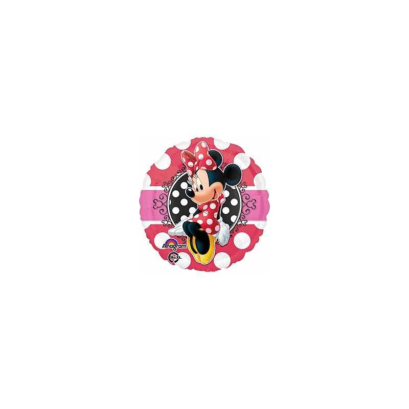 BALLON METALLIQUE MINNIE ROUGE ET ROSE SUR FOND A POIS BLANC 43 CM
