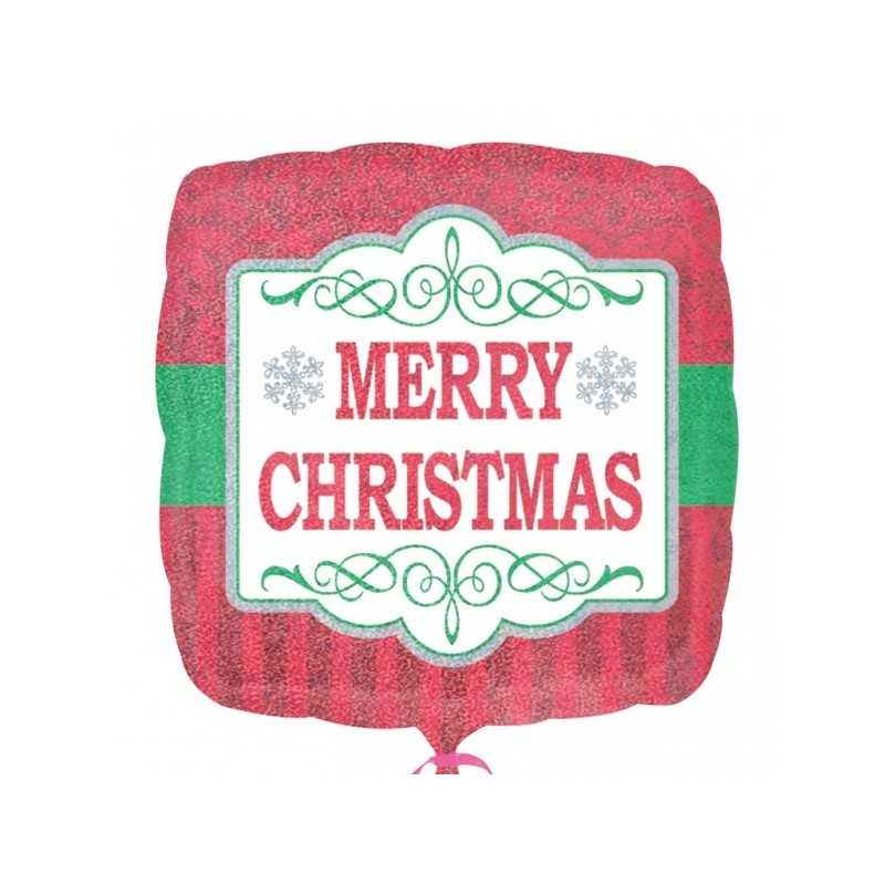 BALLON METALLIQUE CARRE MERRY CHRISTMAS ROUGE ET VERT HOLOGRAPHIC