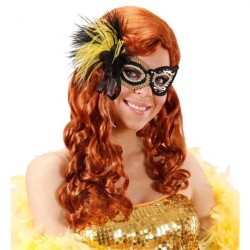 MASQUE LOUP NOIR ET OR FLEUR ET PLUMES SUR LE COTE