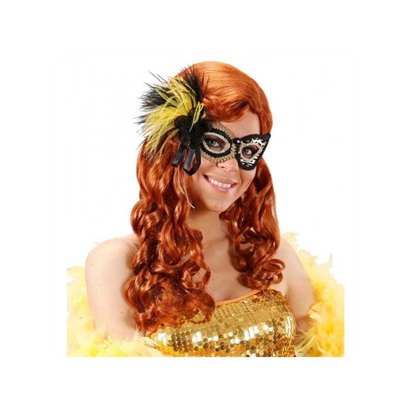 MASQUE LOUP NOIR ET OR FLEUR ET PLUMES SUR LE COTE