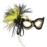 MASQUE LOUP NOIR ET OR FLEUR ET PLUMES SUR LE COTE