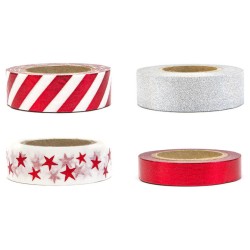 4 ROULEAUX DE RUBAN ADHESIF DECORATIF MOTIF ET PAILLETTE ROUGE ARGENT