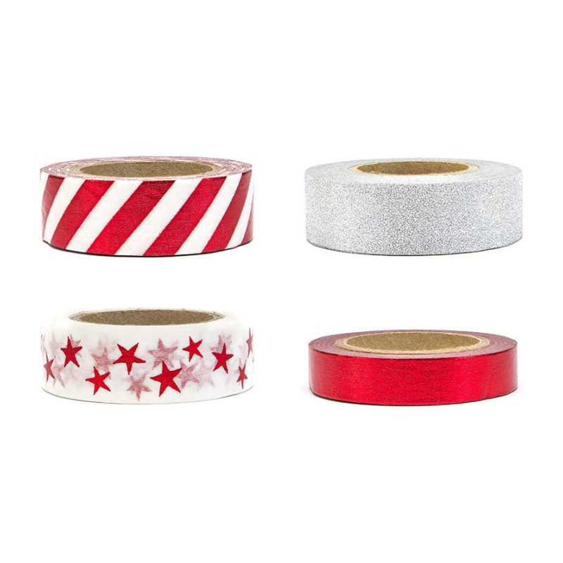 4 ROULEAUX DE RUBAN ADHESIF DECORATIF MOTIF ET PAILLETTE ROUGE ARGENT