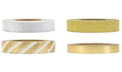 4 ROULEAUX DE RUBAN ADHESIF DECORATIF MOTIF ET PAILLETTE OR ARGENT