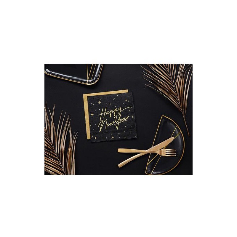 20 SERVIETTES NOIR ET OR HAPPY NEW YEAR 33 X 33 CM