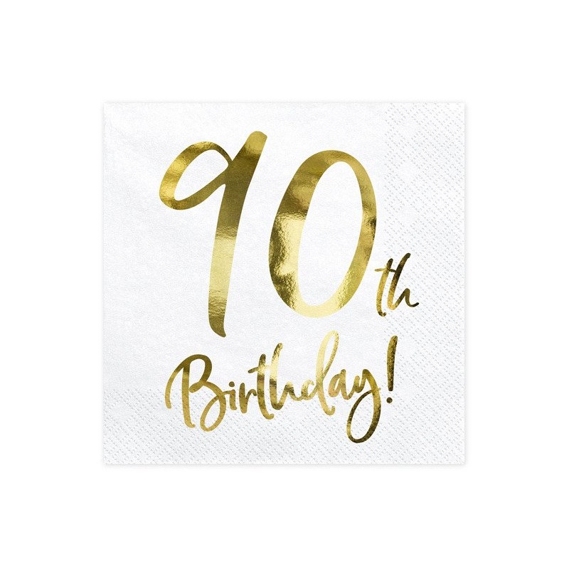 20 SERVIETTES BLANC 90 TH BIRTHDAY OR 33 X 33 CM