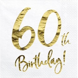20 SERVIETTES BLANC 60 TH BIRTHDAY OR 33 X 33 CM