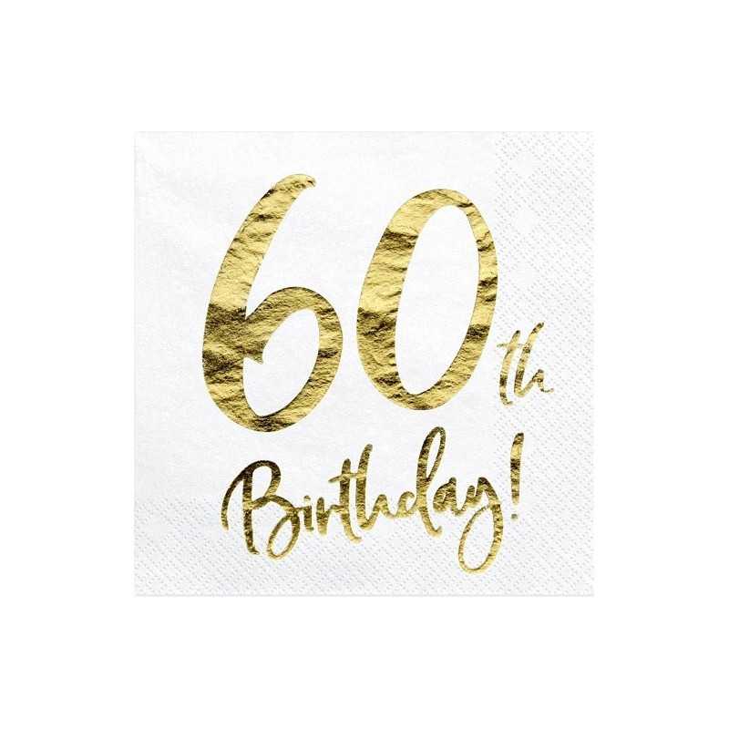20 SERVIETTES BLANC 60 TH BIRTHDAY OR 33 X 33 CM 