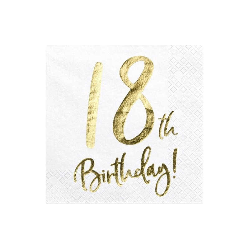 20 SERVIETTES BLANC 18 TH BIRTHDAY OR 33 X 33 CM