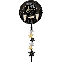 BALLON METALLIQUE ROND 60 CM HAPPY NEW YEAR GUIRLANDE ETOILES NOIR OR ARGENT